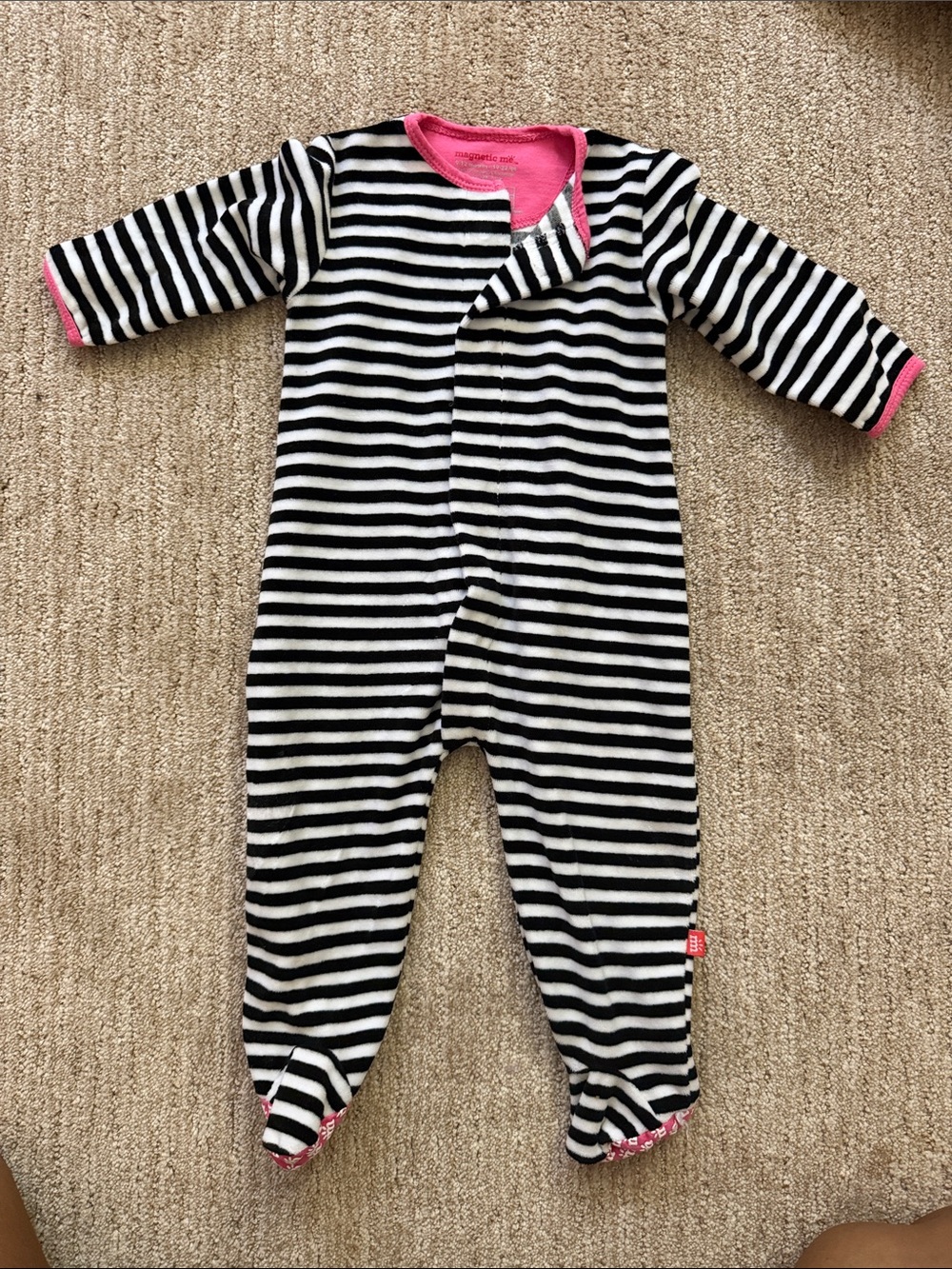 Magnetic Me Black & White Striped Footed One-Piece with Pink Trim
